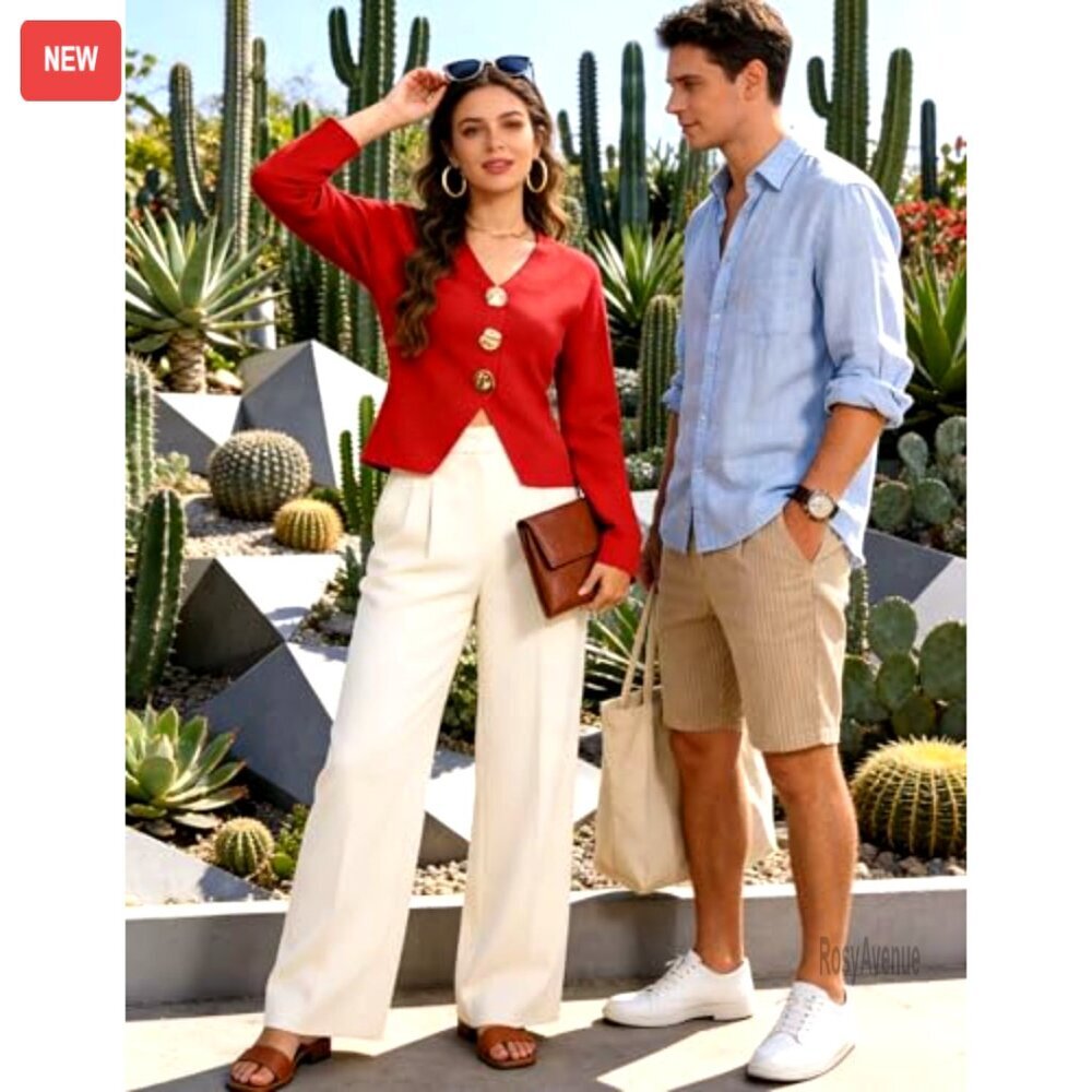 Cropped Cardigan V-Neck Long Sleeve Gold Button Knit Sweater Chic Office Wear - Picture 6 of 6